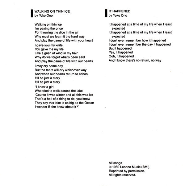 Yoko Ono : Walking On Thin Ice (7", Single, Mono)