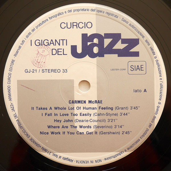 Carmen McRae / Joe Pass / Larry Bunker / Ray Brown : I Giganti Del Jazz Vol. 21 (LP, Album, RP)