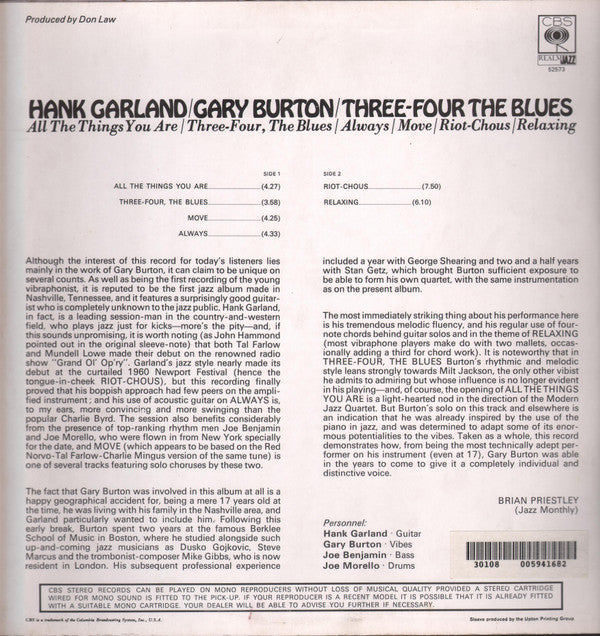 Hank Garland & Gary Burton : Three-Four The Blues (LP, RE)