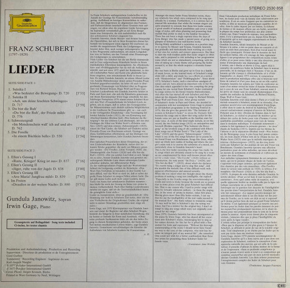 Franz Schubert, Gundula Janowitz, Irwin Gage : Lieder (LP)