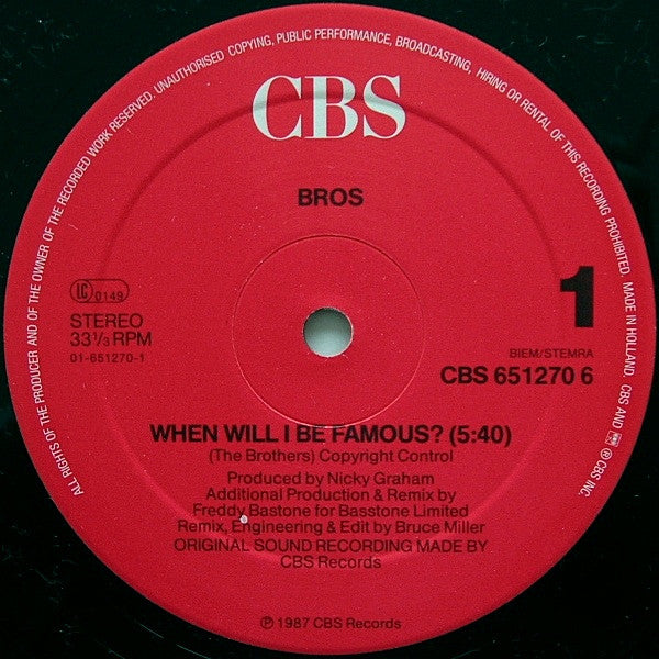 Bros : When Will I Be Famous? (12", Maxi)
