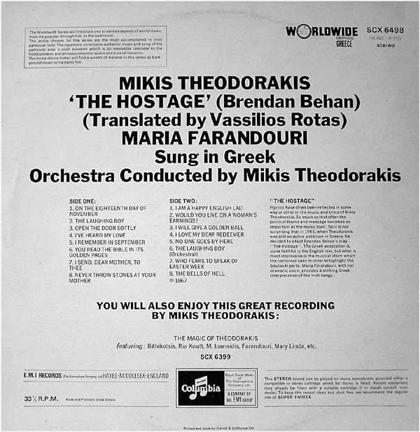 Mikis Theodorakis, Maria Farandouri : "The Hostage" (Brendan Behan) (LP, Album)