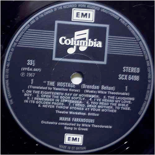Mikis Theodorakis, Maria Farandouri : "The Hostage" (Brendan Behan) (LP, Album)