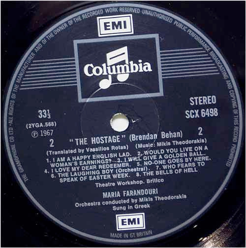 Mikis Theodorakis, Maria Farandouri : "The Hostage" (Brendan Behan) (LP, Album)