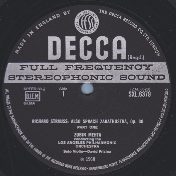 Richard Strauss, Los Angeles Philharmonic Orchestra, Zubin Mehta : Also Sprach Zarathustra (LP, Album, Fir)