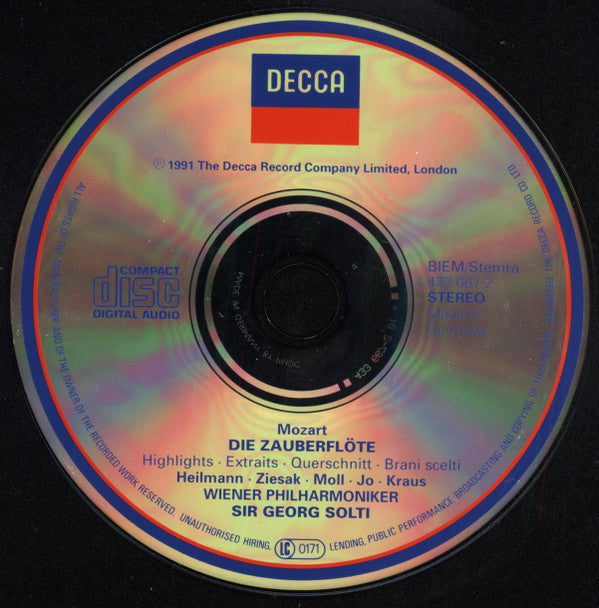 Wolfgang Amadeus Mozart - Uwe Heilmann, Ruth Ziesak, Michael Kraus, Sumi Jo, Kurt Moll, Wiener Philharmoniker, Georg Solti : Die Zauberflöte • Highlight • Extraits • Querschnitt (CD, Comp, RE, RP, PMD)