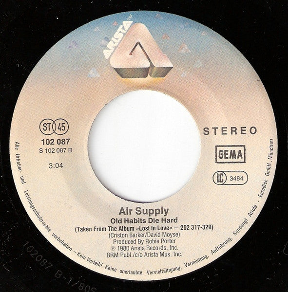 Air Supply : All Out Of Love / Old Habits Die Hard (7", Single)