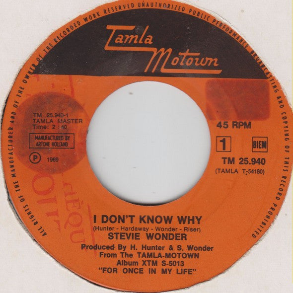 Stevie Wonder : I Don't Know Why / My Cherie Amour (7", Single, Mono)