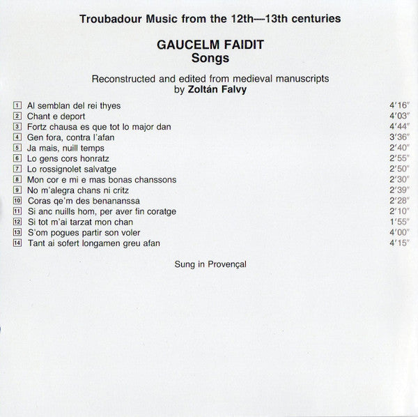 Gaucelm Faidit : Kecskés Ensemble, András Kecskés : Songs. Troubadour Music From The 12th-13th Centuries (CD)