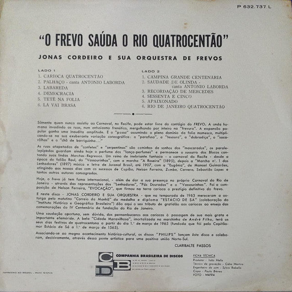 Jonas Cordeiro E Sua Orquestra : O Frêvo Saúda O Rio Quatrocentão (LP, Album, Mono)