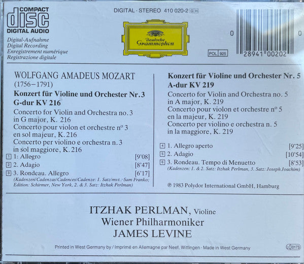 Wolfgang Amadeus Mozart • Itzhak Perlman • Wiener Philharmoniker • James Levine (2) : Violinkonzerte - Violin Concertos Nos. 3 & 5 (CD, Album, RE)