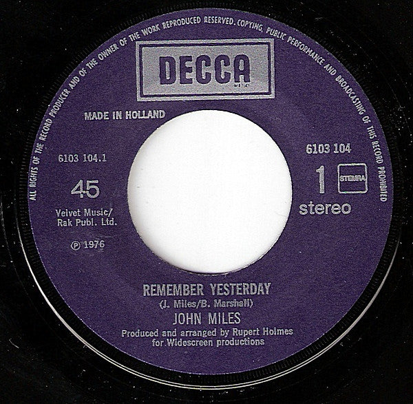 John Miles : Remember Yesterday / House On The Hill (7", Single)