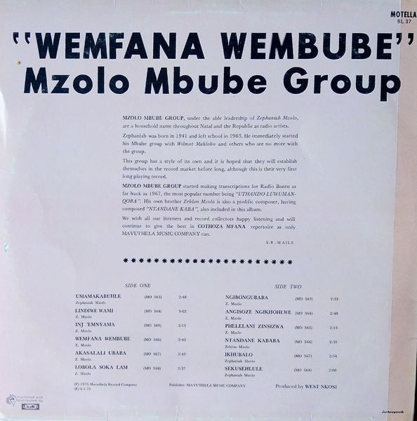 Mzolo Mbube Group : "Wemfana Wembube" (LP, Album)