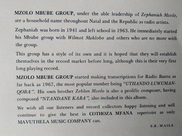Mzolo Mbube Group : "Wemfana Wembube" (LP, Album)