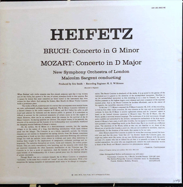 Heifetz*, Bruch* / Mozart* - New Symphony Orchestra Of London*, Sir Malcolm Sargent : Concerto In G Minor / Concerto In D Major (LP, RP, WD,)