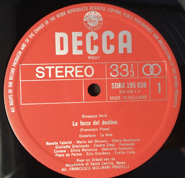 Giuseppe Verdi - Renata Tebaldi, Giulietta Simionato, Mario del Monaco, Ettore Bastianini, Cesare Siepi, Fernando Corena, Coro dell'Accademia Nazionale di Santa Cecilia en Orchestra dell'Accademia Nazionale di Santa Cecilia, Francesco Molinari-Pradelli : La Forza Del Destino (3xLP)
