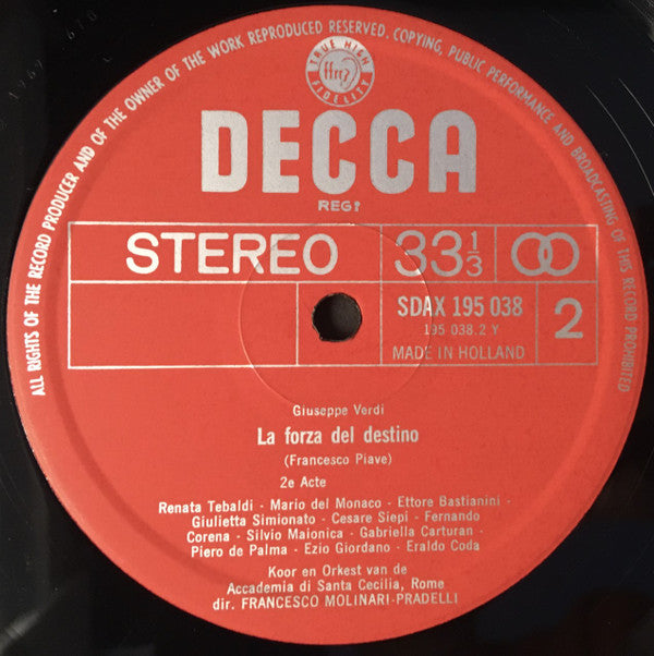Giuseppe Verdi - Renata Tebaldi, Giulietta Simionato, Mario del Monaco, Ettore Bastianini, Cesare Siepi, Fernando Corena, Coro dell'Accademia Nazionale di Santa Cecilia en Orchestra dell'Accademia Nazionale di Santa Cecilia, Francesco Molinari-Pradelli : La Forza Del Destino (3xLP)