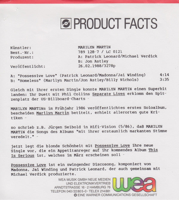 Marilyn Martin : Possessive Love (7", Single, Pap)