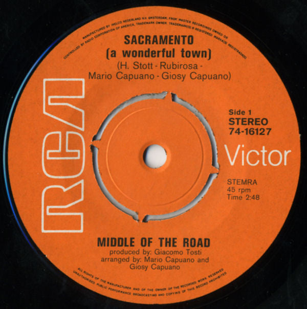 Middle Of The Road : Sacramento (7", Single)