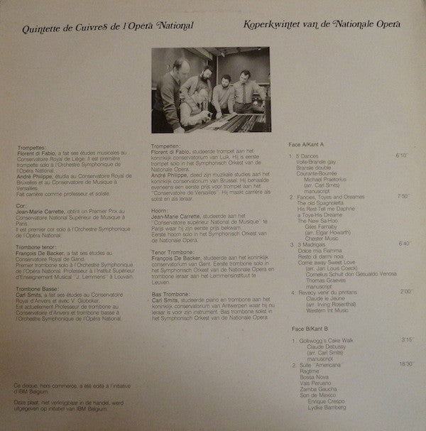 Quintette De Cuivres De L'Opéra National / Quintette De Cuivres De L'Opéra National : Quintette De Cuivres De L'Opéra National / Koperwintet Van De Nationale Opera (LP, Promo)