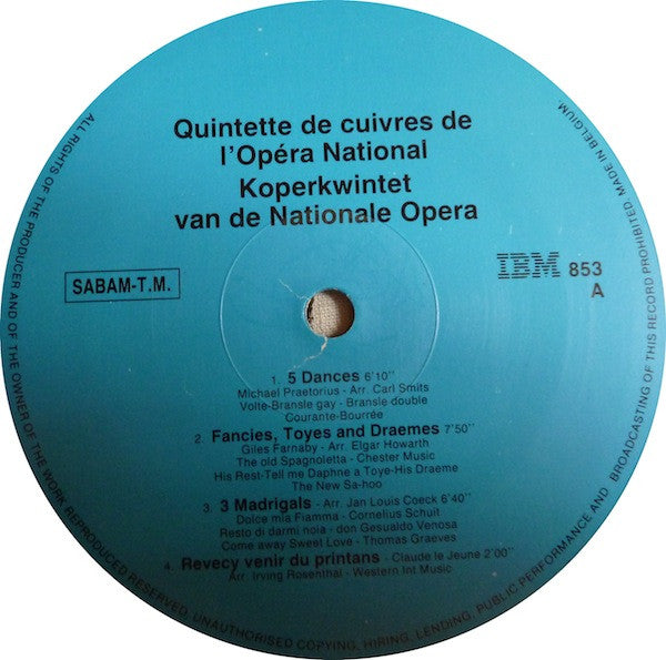 Quintette De Cuivres De L'Opéra National / Quintette De Cuivres De L'Opéra National : Quintette De Cuivres De L'Opéra National / Koperwintet Van De Nationale Opera (LP, Promo)