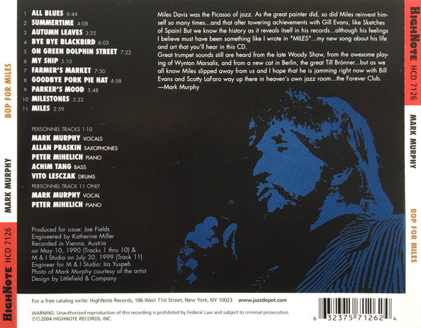 Mark Murphy : Bop For Miles (CD, Album)