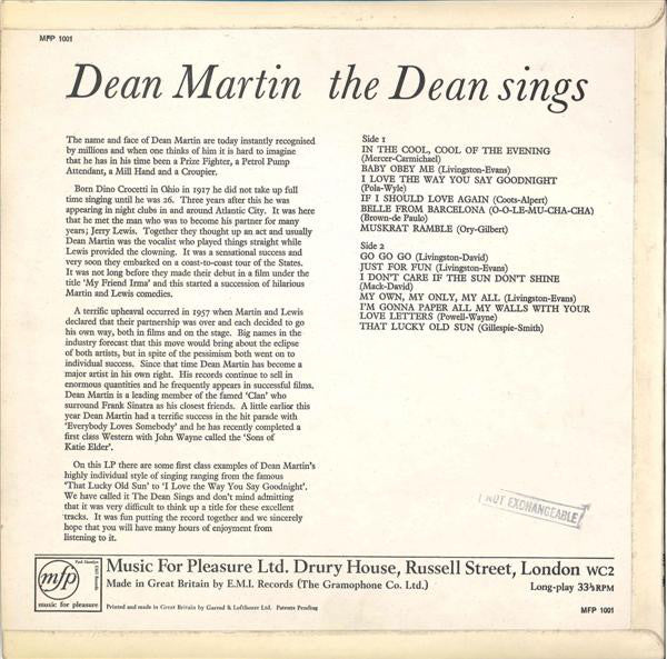 Dean Martin : The Dean Sings (LP, Comp)
