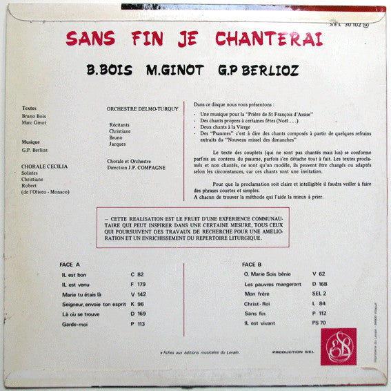 Bruno Bois / Gabriel Pierre Berlioz / Marc Ginot : Sans Fin Je Chanterai (LP, Album)