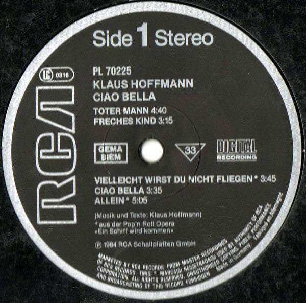 Klaus Hoffmann : Ciao Bella (LP, Album)