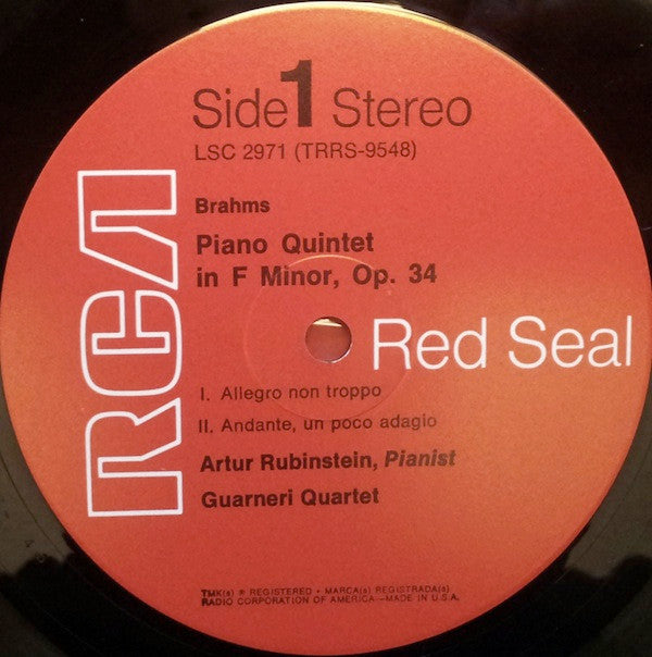 Johannes Brahms, Arthur Rubinstein / Guarneri Quartet : Piano Quintet In F Minor, Op.34 (LP, Album, RE)