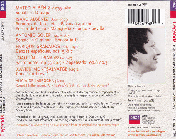 Alicia De Larrocha : Favourite Spanish Encores (CD, RE, RM)