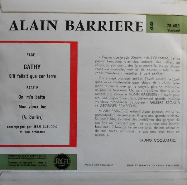 Alain Barrière Accompagné Par Jean Claudric Et Son Orchestre : Cathy (7", EP, Mono, RP, Yel)