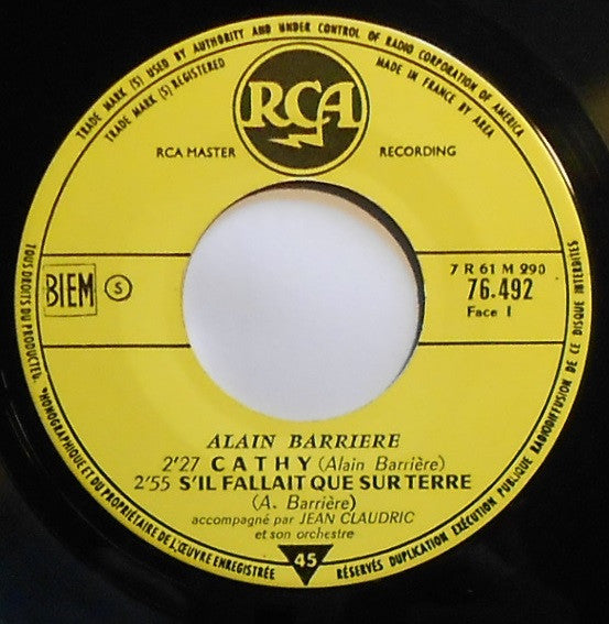 Alain Barrière Accompagné Par Jean Claudric Et Son Orchestre : Cathy (7", EP, Mono, RP, Yel)