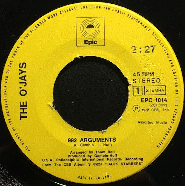 The O'Jays : 992 Arguments (7", Single)
