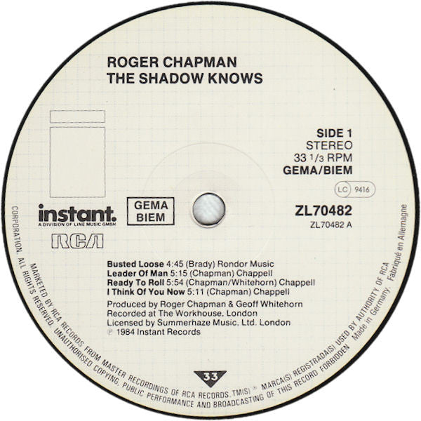 Roger Chapman : The Shadow Knows (LP, Album, Gat)