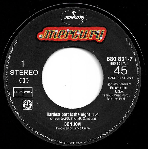 Bon Jovi / TNT (15) : Hardest Part Is The Night / Seven Seas (7", Single)
