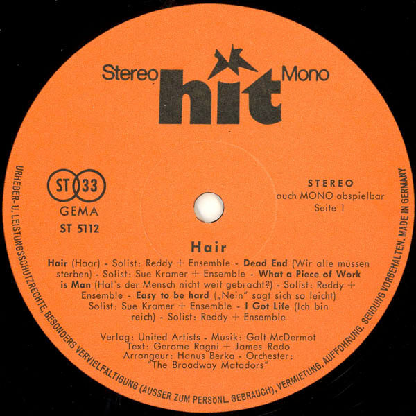 Reddy (2), Sue Kramer*, The Broadway Matadors* : Hair (LP, Album)