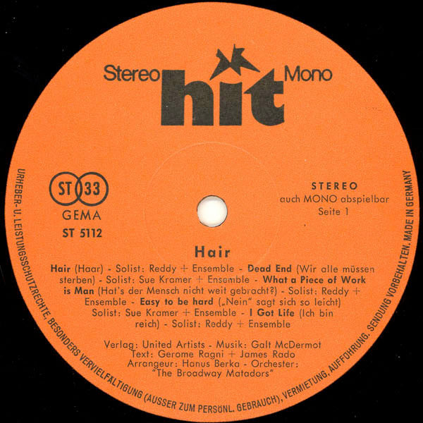 Reddy (2), Sue Kramer*, The Broadway Matadors* : Hair (LP, Album)