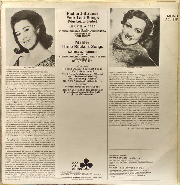 Lisa Della Casa & Kathleen Ferrier, Richard Strauss / Gustav Mahler : Four Last Songs / Three Rückert Songs (LP, Comp, Mono)