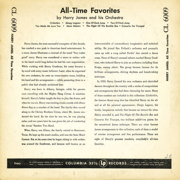 Harry James And His Orchestra : All-Time Favorites By Harry James (10", Album, Comp, Mono)