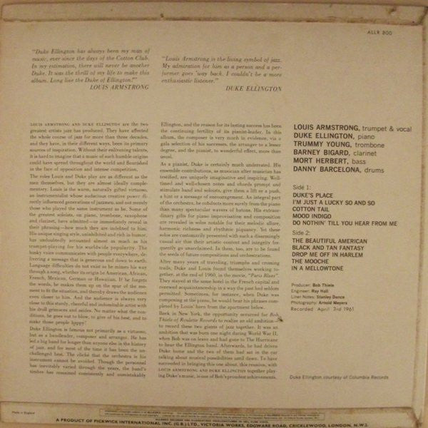 Louis Armstrong & Duke Ellington : Recording Together For The First Time (LP, Album, RE)