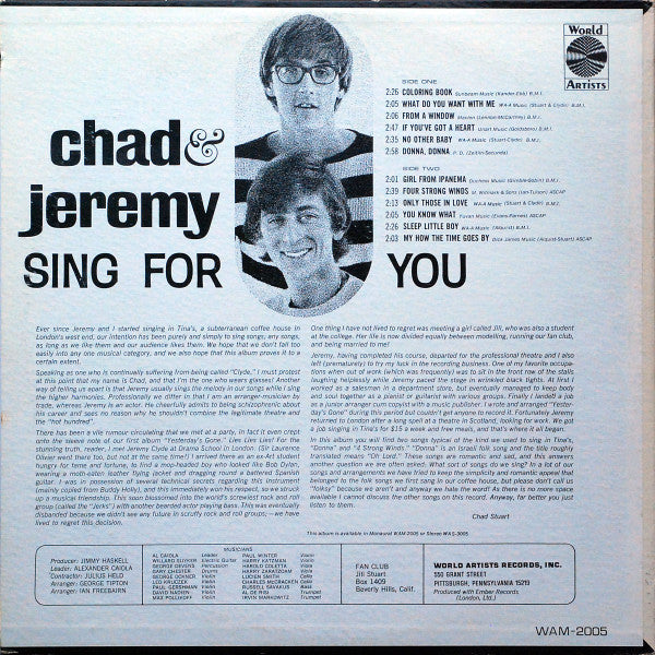 Chad & Jeremy : Sing For You (LP, Album, Mono, Mon)
