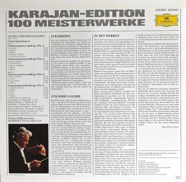 Berliner Philharmoniker - Herbert von Karajan : Karajan-Edition 100 Meisterwerke - Händel: Concerti Grossi Op. 6 Nr. 3, 4, 5 & 6 (LP, Comp)