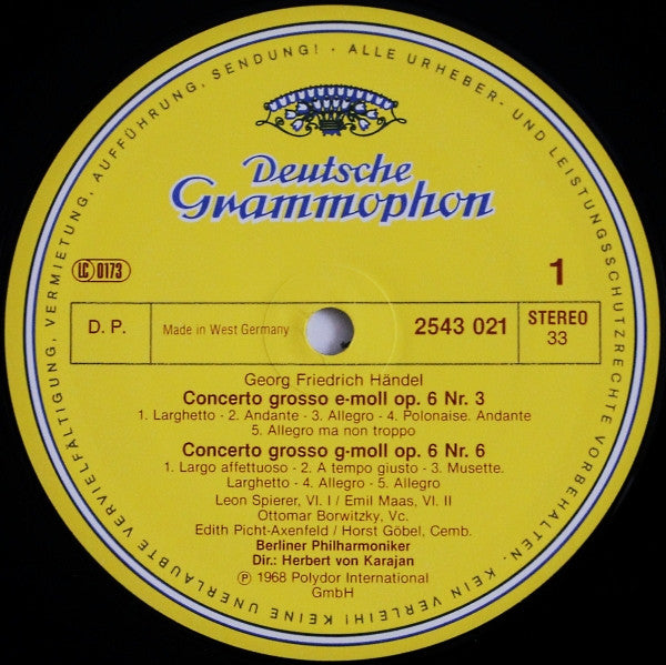 Berliner Philharmoniker - Herbert von Karajan : Karajan-Edition 100 Meisterwerke - Händel: Concerti Grossi Op. 6 Nr. 3, 4, 5 & 6 (LP, Comp)