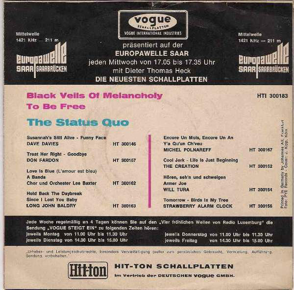 Status Quo : Black Veils Of Melancholy (7", Single)