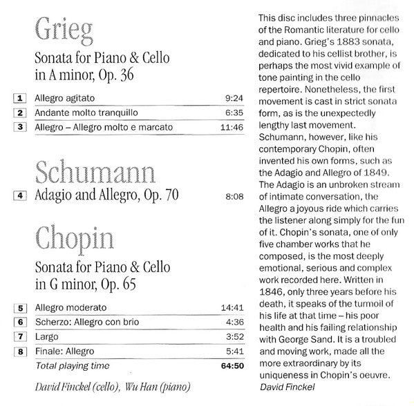 David Finckel, Wu Han ‒ Edvard Grieg / Robert Schumann / Frédéric Chopin : Music For Cello And Piano (CD, Album)