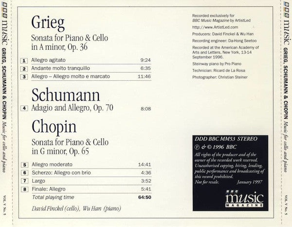 David Finckel, Wu Han ‒ Edvard Grieg / Robert Schumann / Frédéric Chopin : Music For Cello And Piano (CD, Album)
