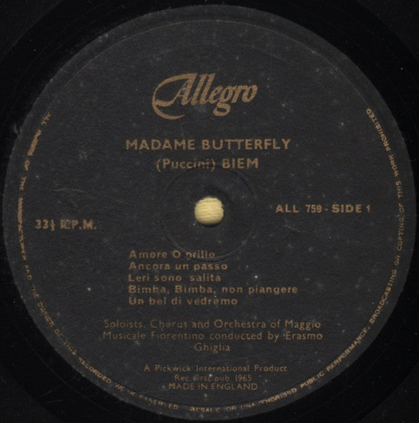Giacomo Puccini, Orchestra Del Maggio Musicale Fiorentino And Coro Del Maggio Musicale Fiorentino Conducted By Erasmo Ghiglia : Madame Butterfly (LP, Mono)