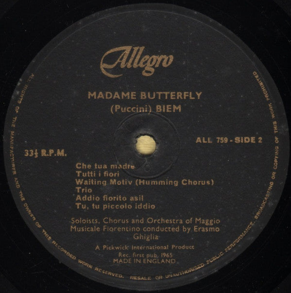 Giacomo Puccini, Orchestra Del Maggio Musicale Fiorentino And Coro Del Maggio Musicale Fiorentino Conducted By Erasmo Ghiglia : Madame Butterfly (LP, Mono)