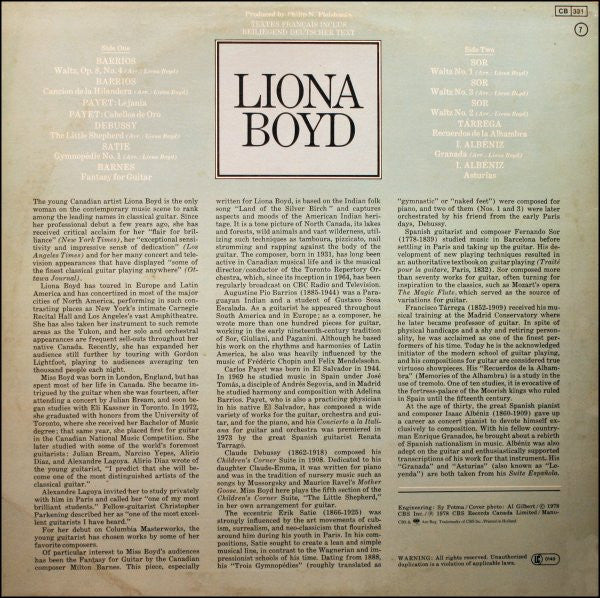 Liona Boyd - Isaac Albéniz • Agustín Barrios Mangoré • Fernando Sor • Erik Satie • Claude Debussy • Francisco Tárrega • Carlos Payet • Milton Barnes : Liona Boyd Spielt Gitarrenwerke (LP, Album)